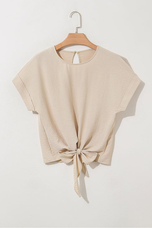 Textured Short Sleeve Tie Front Detail Casual Blouse