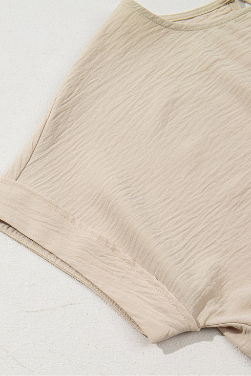 Textured Short Sleeve Tie Front Detail Casual Blouse