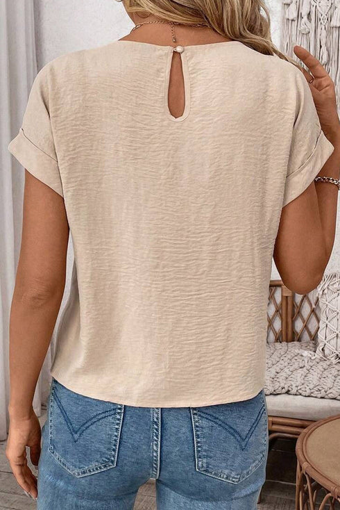 Textured Short Sleeve Tie Front Detail Casual Blouse