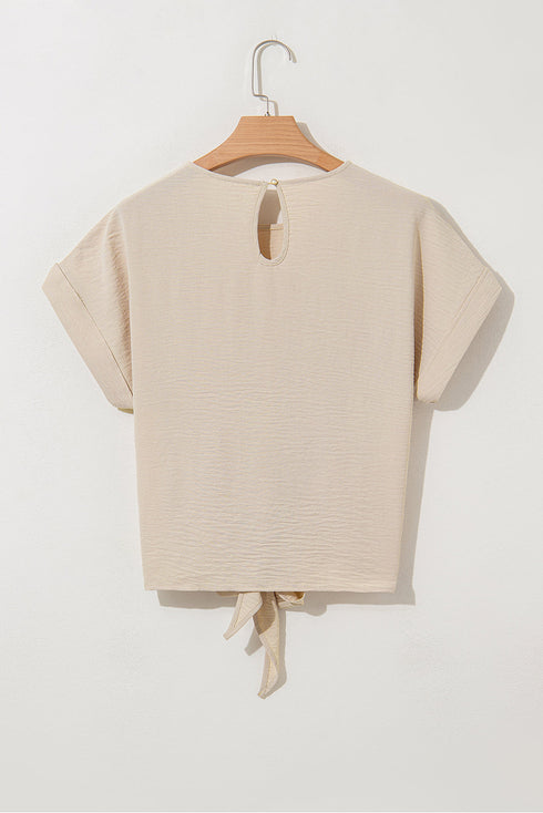 Textured Short Sleeve Tie Front Detail Casual Blouse