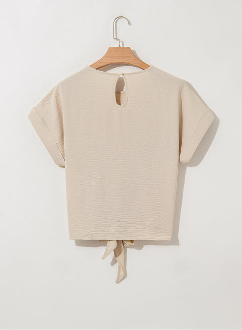 Textured Short Sleeve Tie Front Detail Casual Blouse