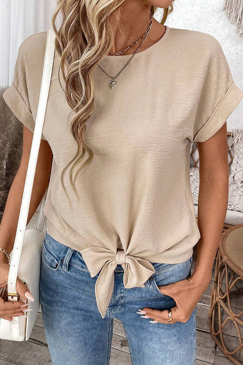 Textured Short Sleeve Tie Front Detail Casual Blouse