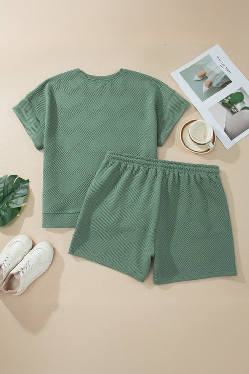 Textured Short Sleeve Top And Drawstring Shorts Loungewear Set
