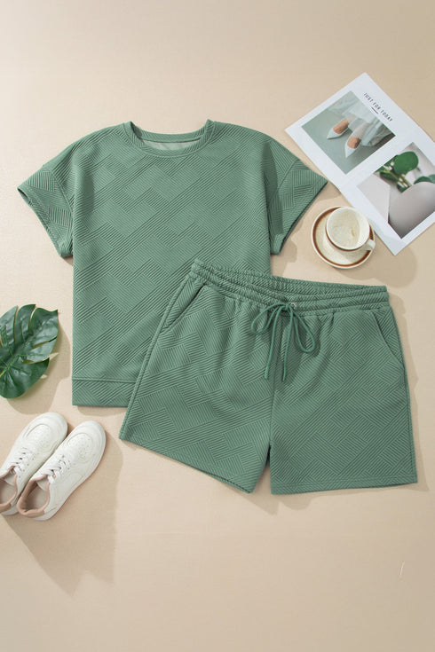 Textured Short Sleeve Top And Drawstring Shorts Loungewear Set