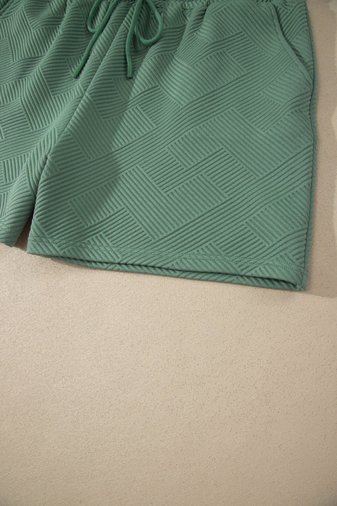 Textured Short Sleeve Top And Drawstring Shorts Loungewear Set