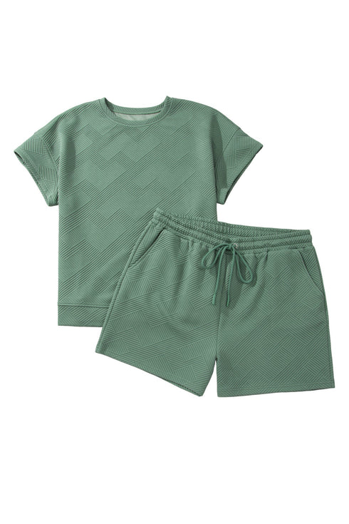 Textured Short Sleeve Top And Drawstring Shorts Loungewear Set