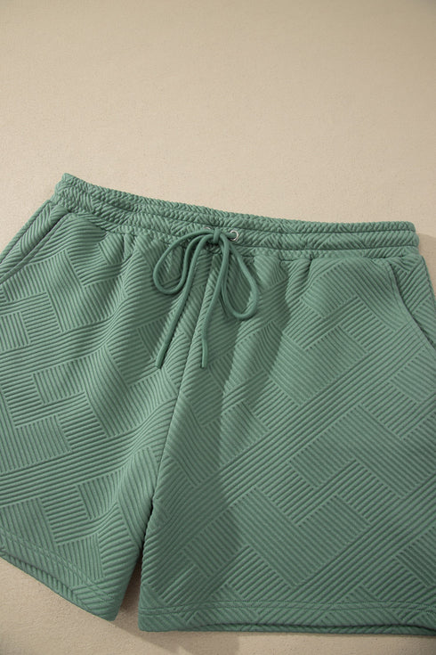Textured Short Sleeve Top And Drawstring Shorts Loungewear Set