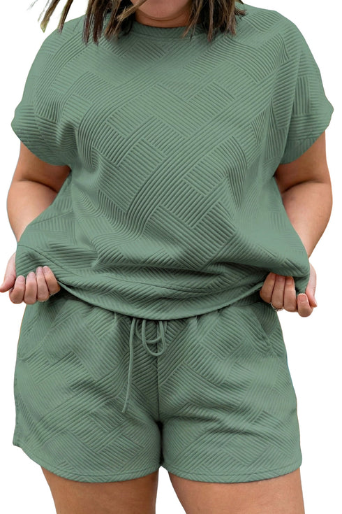 Textured Short Sleeve Top And Drawstring Shorts Loungewear Set