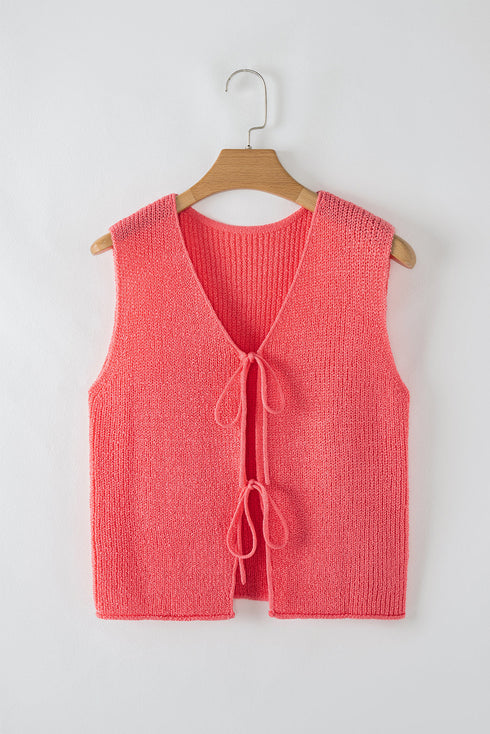 Textured Sleeveless Double Tie Front V Neck Vest