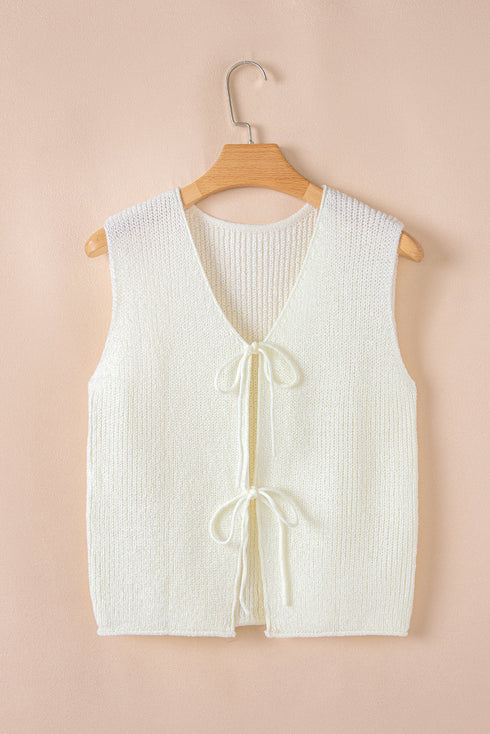 Textured Sleeveless Double Tie Front V Neck Vest