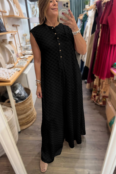 Textured Sleeveless Half Button Wide Leg Jumpsuit