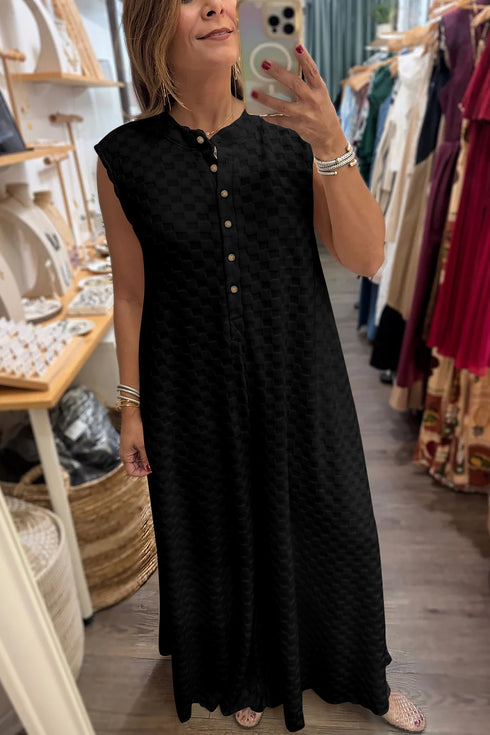 Textured Sleeveless Half Button Wide Leg Jumpsuit