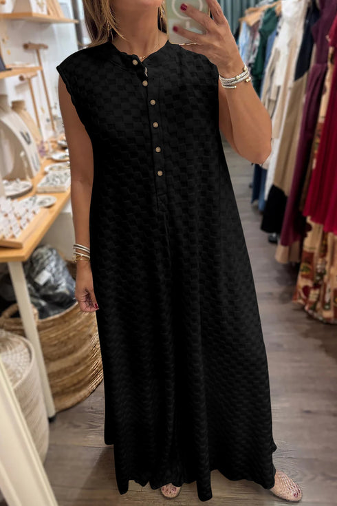 Textured Sleeveless Half Button Wide Leg Jumpsuit