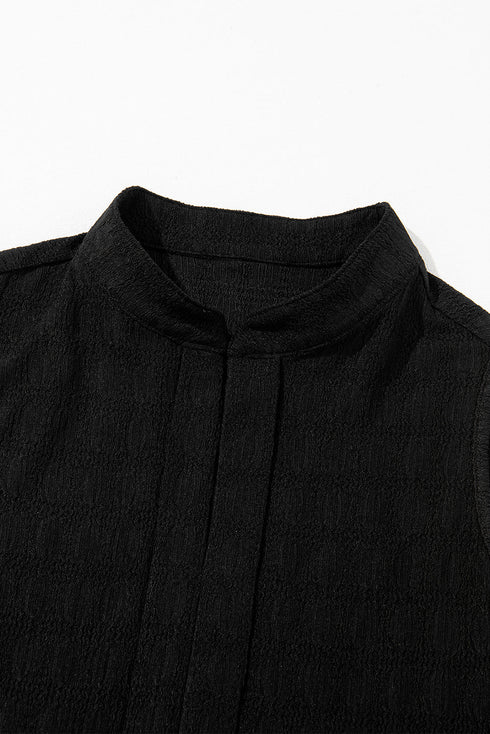Textured Sleeveless Split Neck Pleated Front Blouse