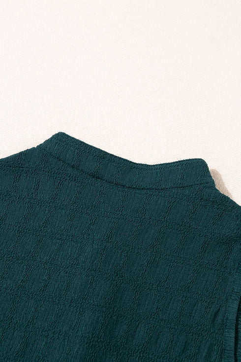 Textured Sleeveless Split Neck Pleated Front Blouse
