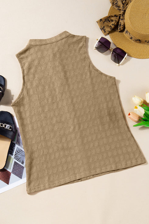 Textured Sleeveless Split Neck Pleated Front Blouse
