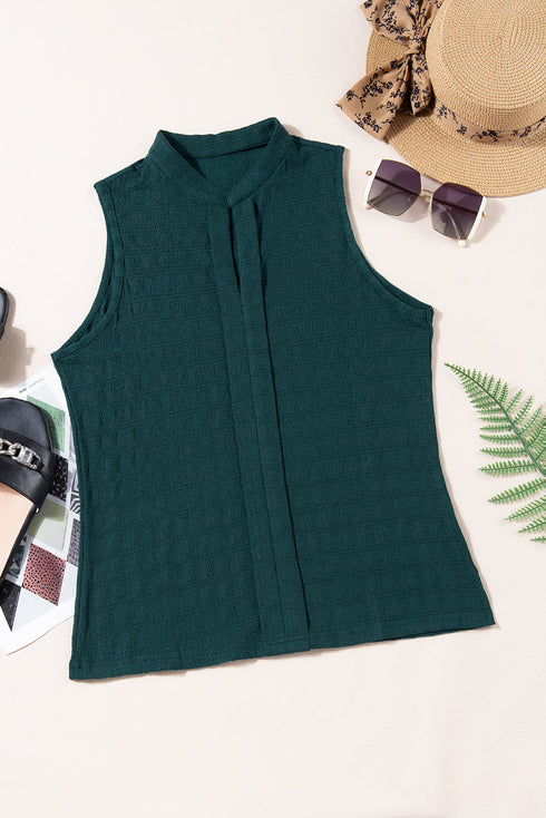 Textured Sleeveless Split Neck Pleated Front Blouse