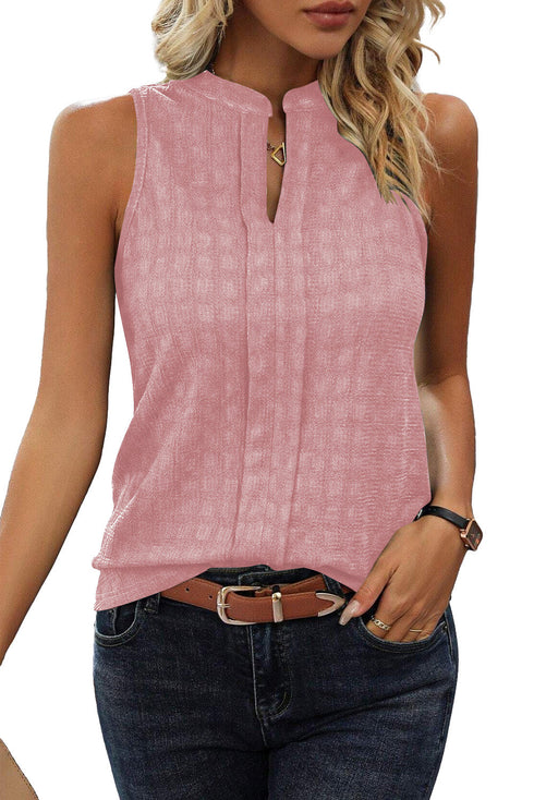 Textured Sleeveless Split Neck Pleated Front Blouse