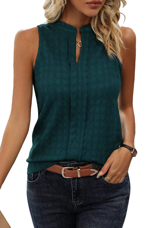 Textured Sleeveless Split Neck Pleated Front Blouse