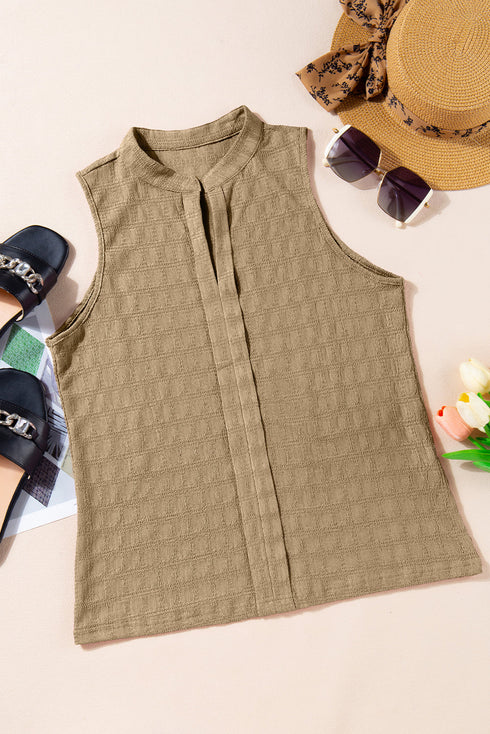 Textured Sleeveless Split Neck Pleated Front Blouse