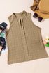 Textured Sleeveless Split Neck Pleated Front Blouse
