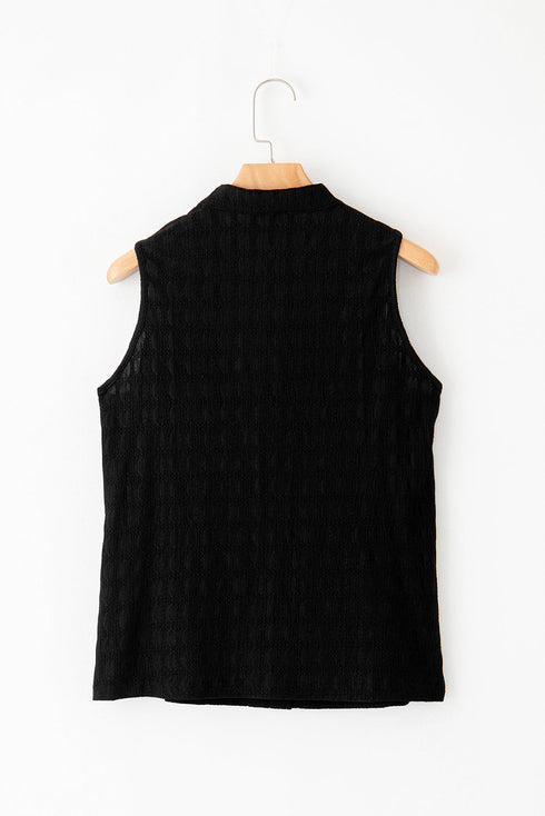 Textured Sleeveless Split Neck Pleated Front Blouse
