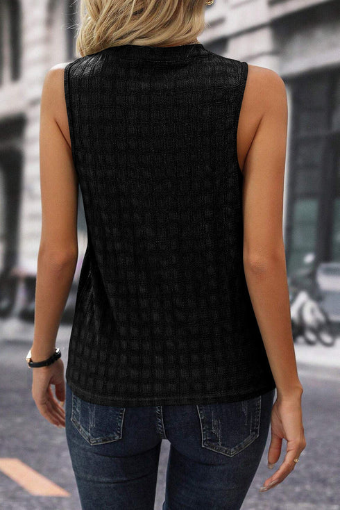 Textured Sleeveless Split Neck Pleated Front Blouse