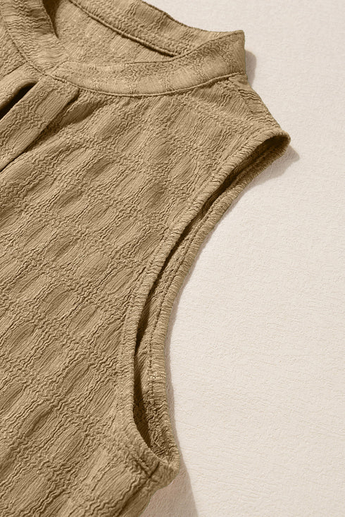 Textured Sleeveless Split Neck Pleated Front Blouse