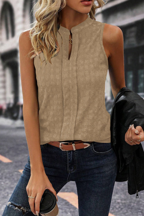 Textured Sleeveless Split Neck Pleated Front Blouse