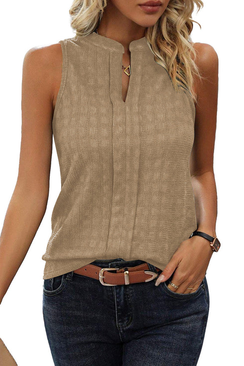 Textured Sleeveless Split Neck Pleated Front Blouse