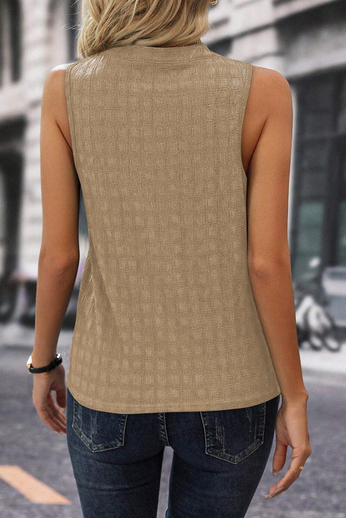 Textured Sleeveless Split Neck Pleated Front Blouse