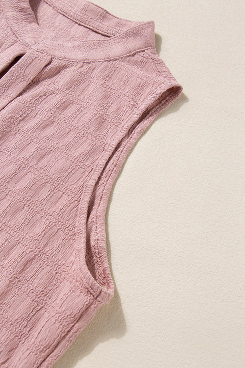 Textured Sleeveless Split Neck Pleated Front Blouse