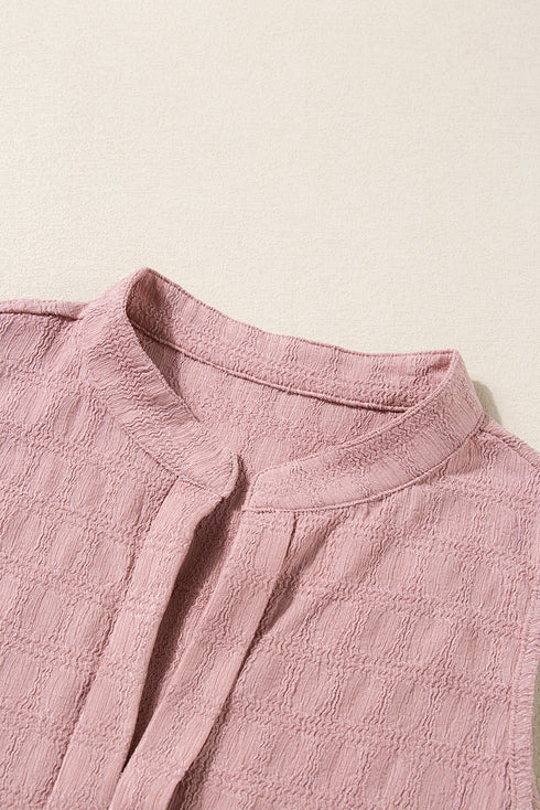 Textured Sleeveless Split Neck Pleated Front Blouse
