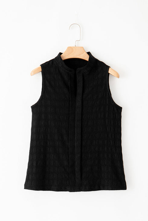 Textured Sleeveless Split Neck Pleated Front Blouse