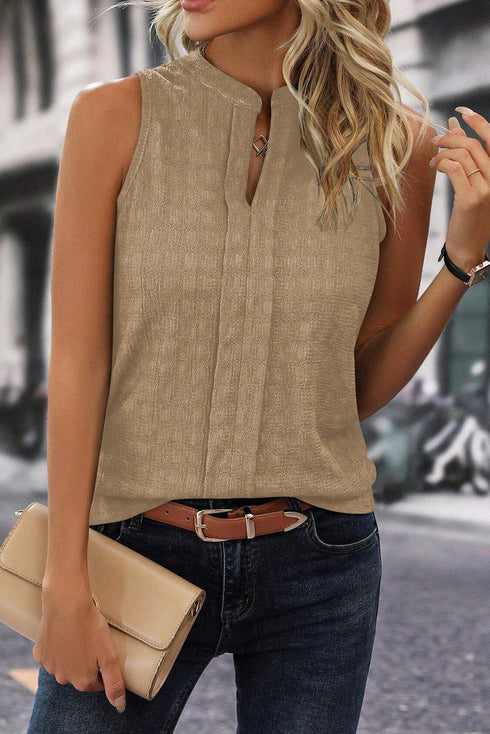 Textured Sleeveless Split Neck Pleated Front Blouse