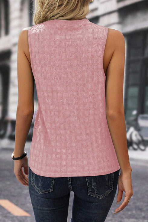 Textured Sleeveless Split Neck Pleated Front Blouse