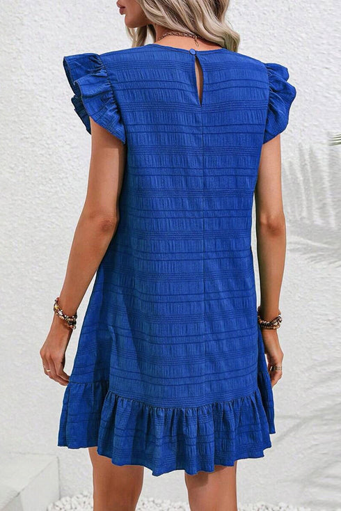 Textured Solid Flutter Sleeve Ruffled H Line Mini Dress