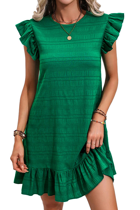 Textured Solid Flutter Sleeve Ruffled H Line Mini Dress