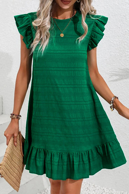 Textured Solid Flutter Sleeve Ruffled H Line Mini Dress