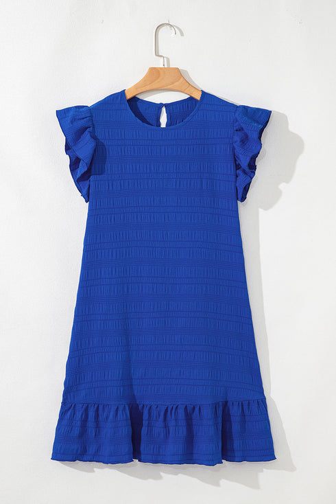 Textured Solid Flutter Sleeve Ruffled H Line Mini Dress