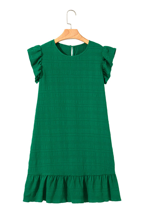 Textured Solid Flutter Sleeve Ruffled H Line Mini Dress