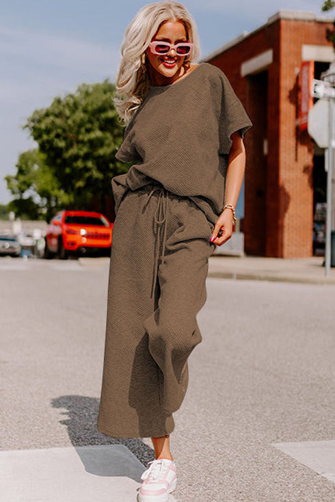Textured Solid Loose Fit Wide Leg Pant Set