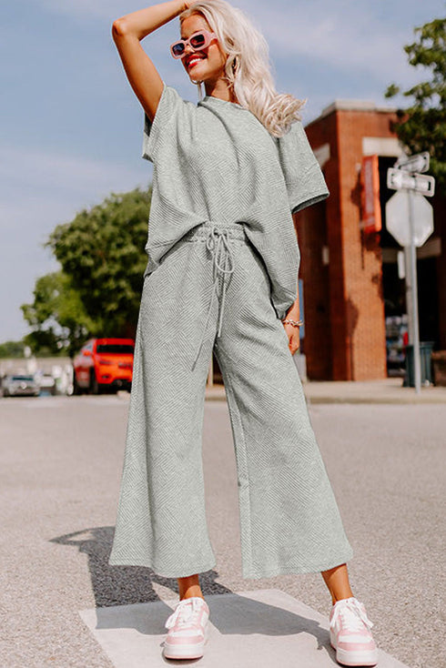 Textured Solid Loose Fit Wide Leg Pant Set