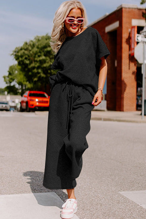 Textured Solid Loose Fit Wide Leg Pant Set