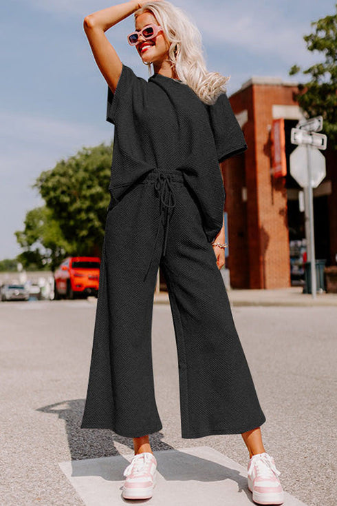 Textured Solid Loose Fit Wide Leg Pant Set