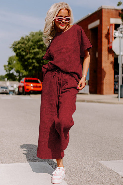 Textured Solid Loose Fit Wide Leg Pant Set