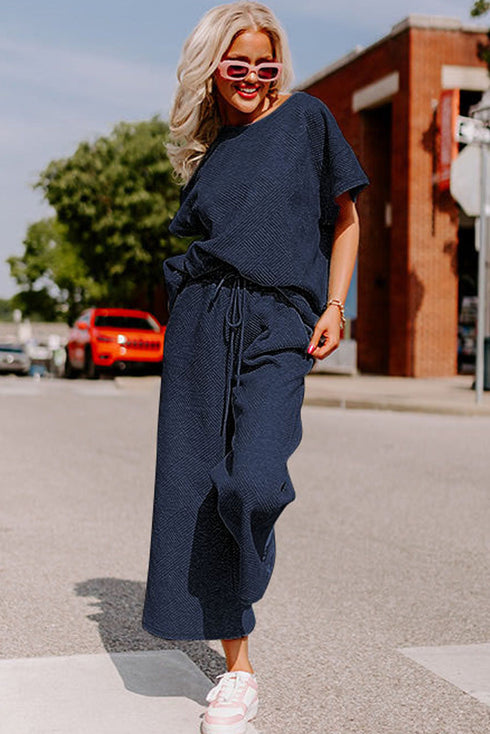 Textured Solid Loose Fit Wide Leg Pant Set