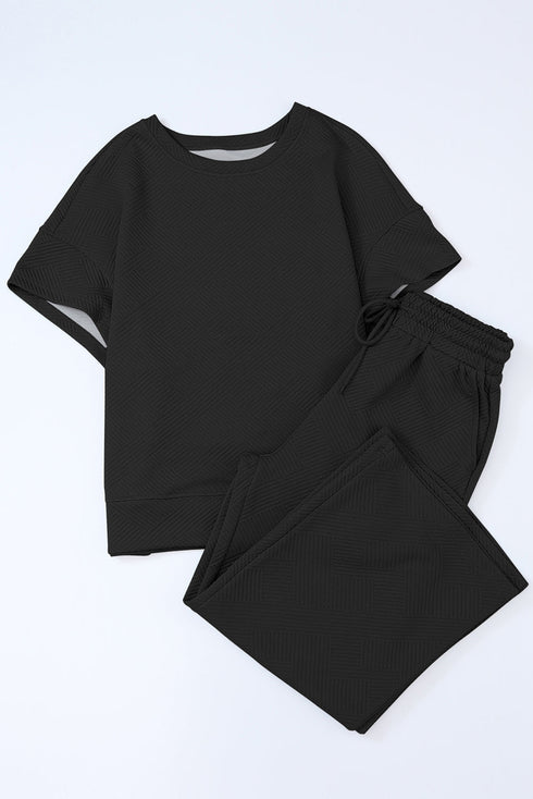 Textured Solid Loose Fit Wide Leg Pant Set