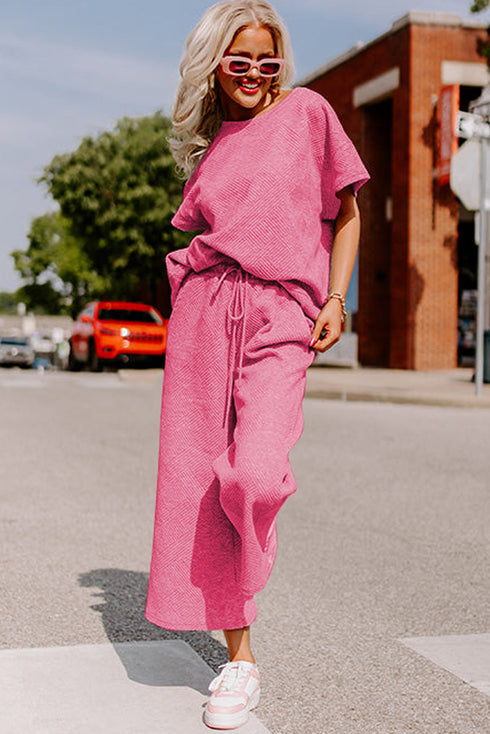 Textured Solid Loose Fit Wide Leg Pant Set