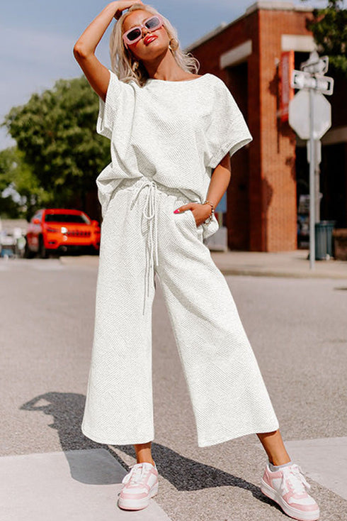 Textured Solid Loose Fit Wide Leg Pant Set